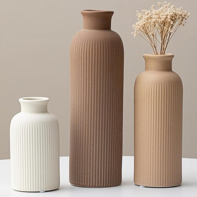Modern Ceramic Vase Set, Earth Tone Natural Color Ribbed Matte Design, 3-Piece Decorative Vases f... | Amazon (US)