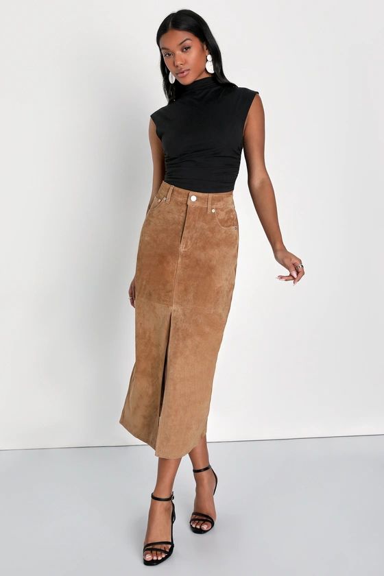 Excellent Impulse Tan Suede Leather High-Rise Midi Skirt | Lulus (US)