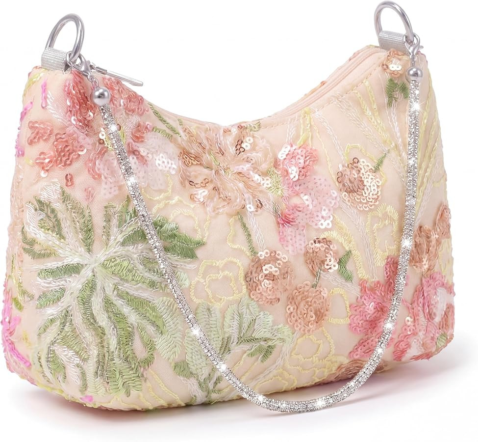 Tudomro Women Floral Beaded Sequin Embroidered Shoulder Bag Evening Bridal Wedding Purse Top Hand... | Amazon (US)