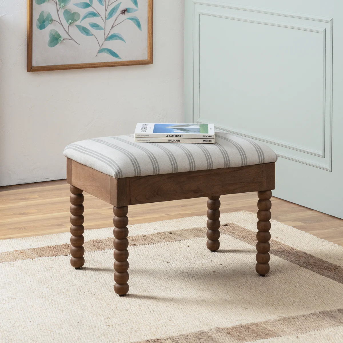 Artisan Upholstered Vanity Stool with Turned Wooden Legs | Wayfair North America