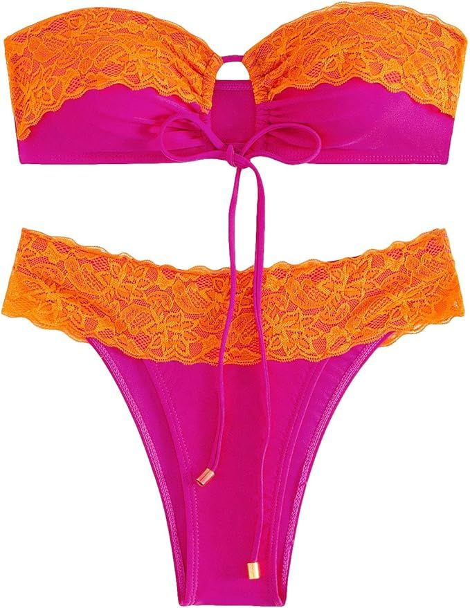 WDIRARA Women's 2 Piece Cut Out Contrast Lace Colorblock Bandeau Swimwear Set Wireless Bra & Biki... | Amazon (US)