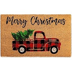 Whaline Christmas Door Mat Natural Coir Door Mat Decorative Xmas Red Black Plaid Truck Non-Slip E... | Amazon (US)