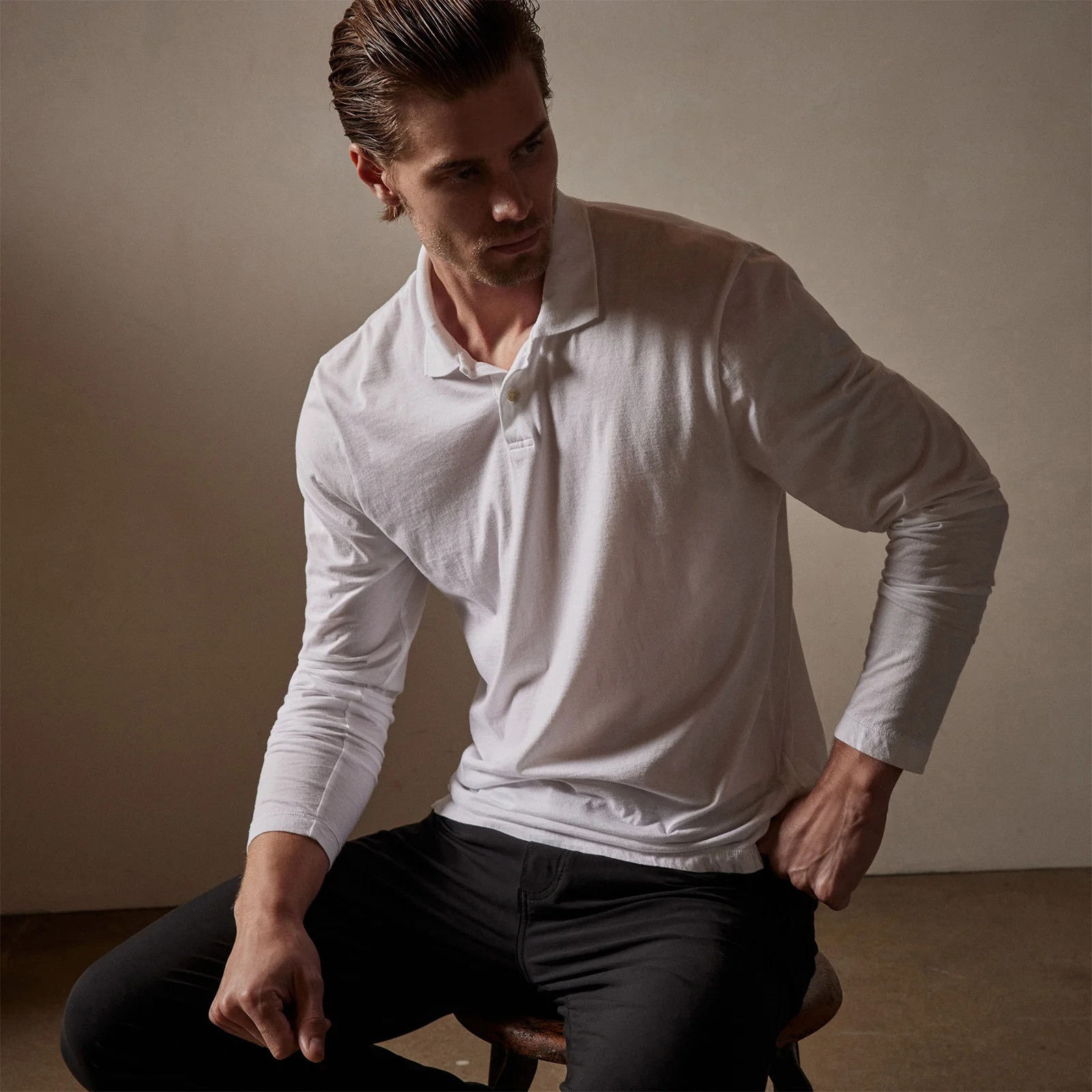 Luxe Lotus Jersey Long Sleeve Polo - White | James Perse Los Angeles | James Perse (US)