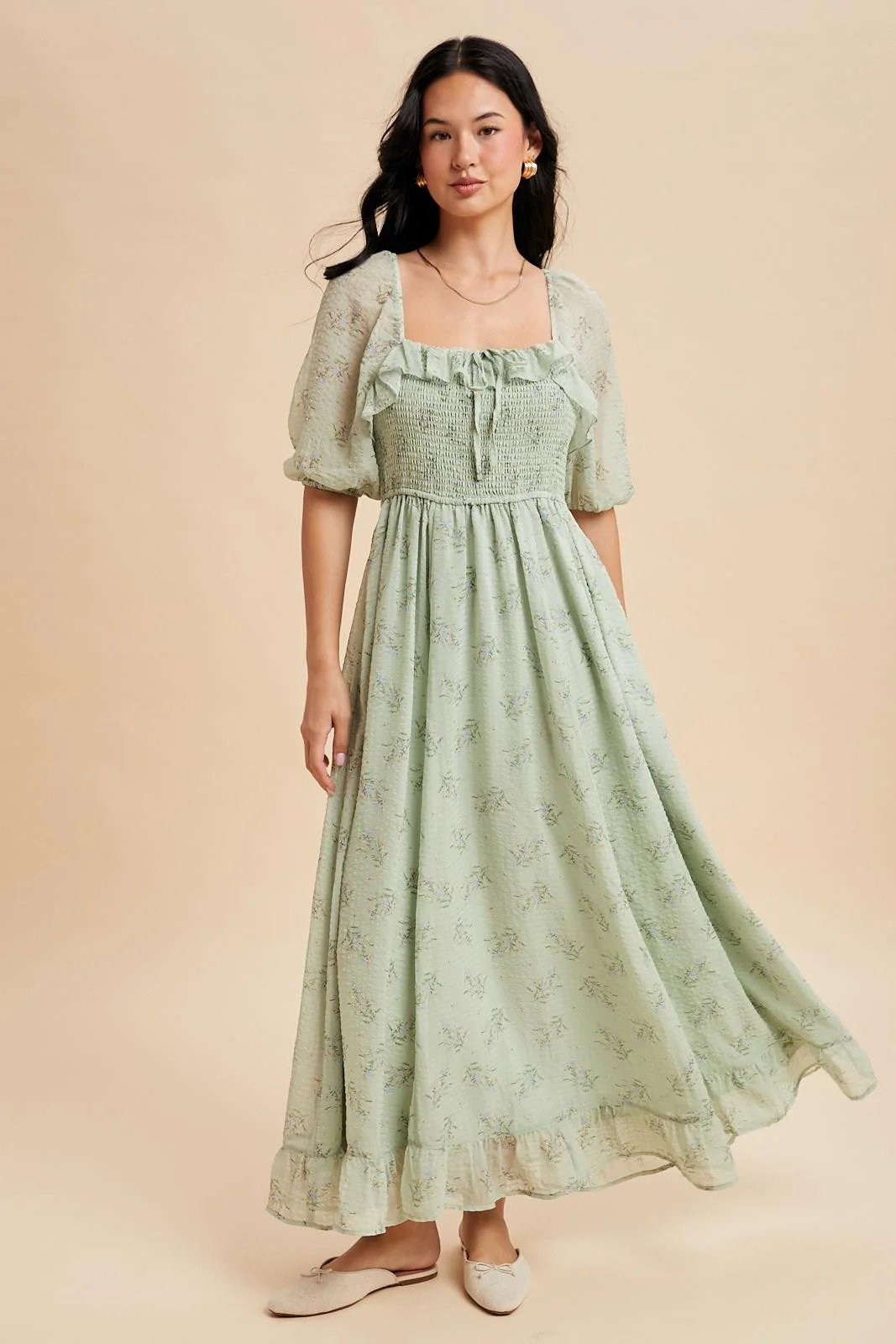 Sage Floral Chiffon Smocked Ruffle Maxi Dress | PinkBlush Maternity