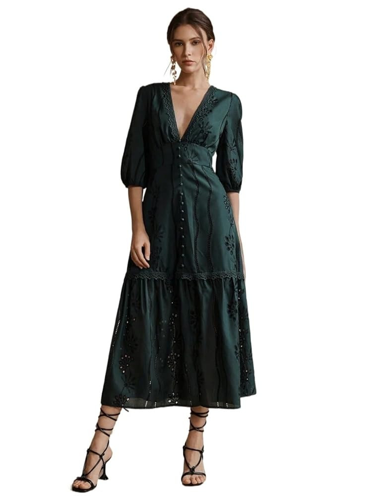 METOES Women's 2025 Casual Plain Long Dress Short Sleeve V-Neck Slit Embroidered Elegant Long Dre... | Amazon (US)