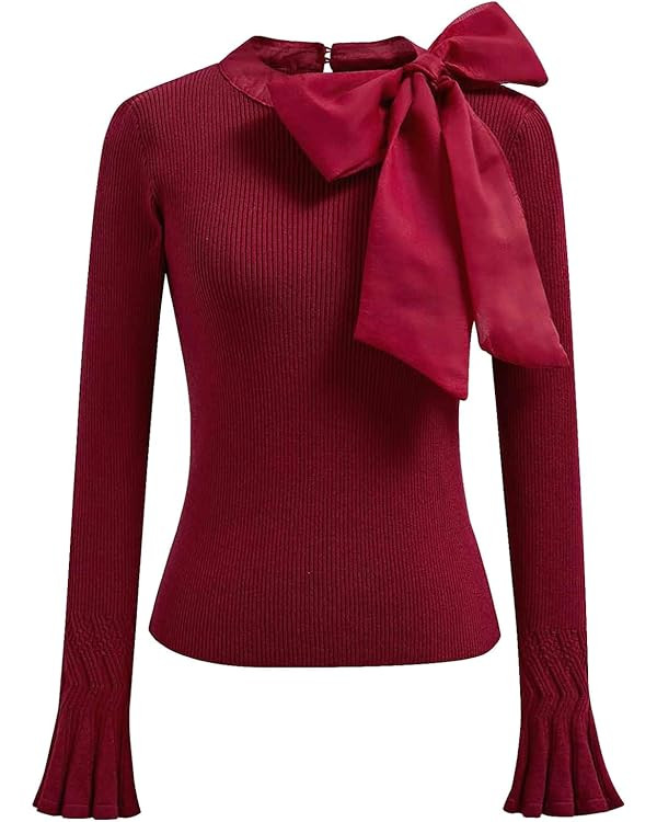 CHICWISH Women Bow Tied Long Sleeve Knit Top Mock Neck Slim Fitted Elegant Blouses Top Solid Wrap... | Amazon (US)