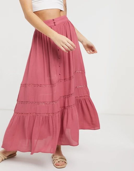 ASOS DESIGN tiered crinkle maxi skirt with lace insert in rose | ASOS US