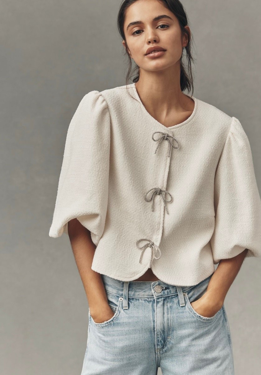 I love this cute blazer top from Anthropologie. The bows are such a great detail. 
#anthropologie #anthroclothes }mystyle #over50 #over60 

#LTKWorkwear #LTKOver40 #LTKootd