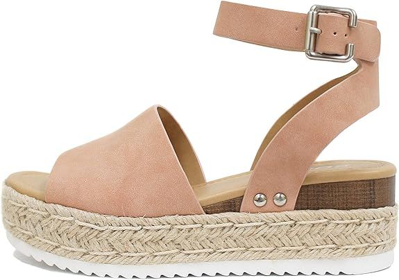 Soda Topic Open Toe Buckle Ankle Strap Espadrilles Flatform Wedge Casual Sandal | Amazon (US)