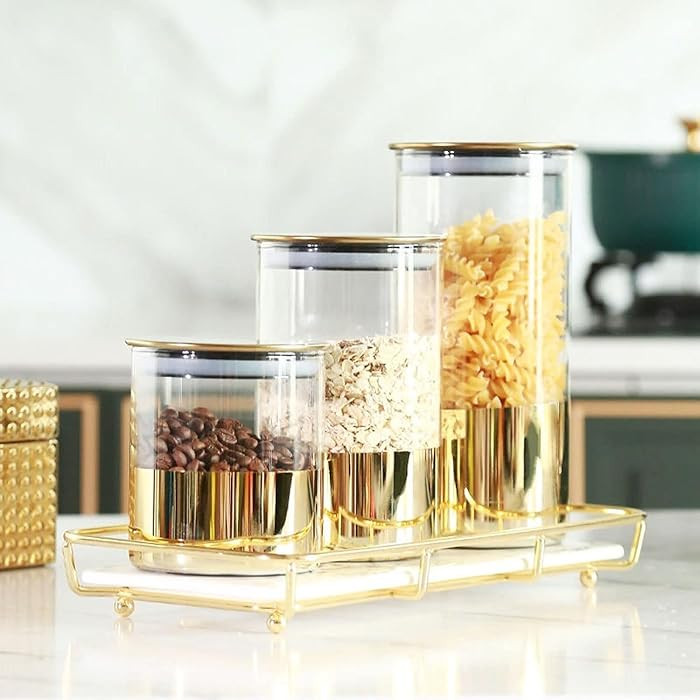 3-Piece Gold-Plated Storage Jars with Gold Lids - Elegant Kitchen Canister Set | Amazon (US)