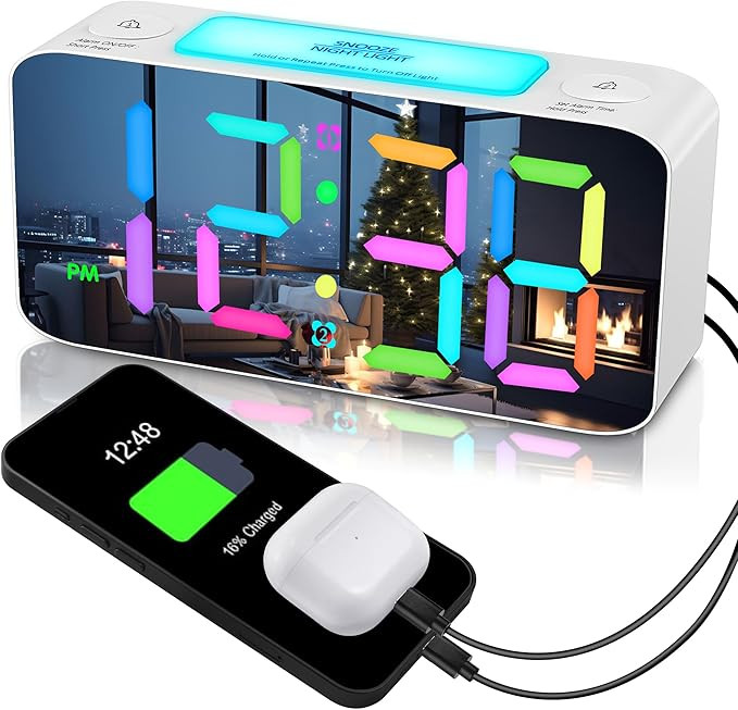 RGB Digital Mirror Alarm Clock, 15 Dynamic Color Modes & 7" Large LED Display,7-Color Night Light... | Amazon (US)