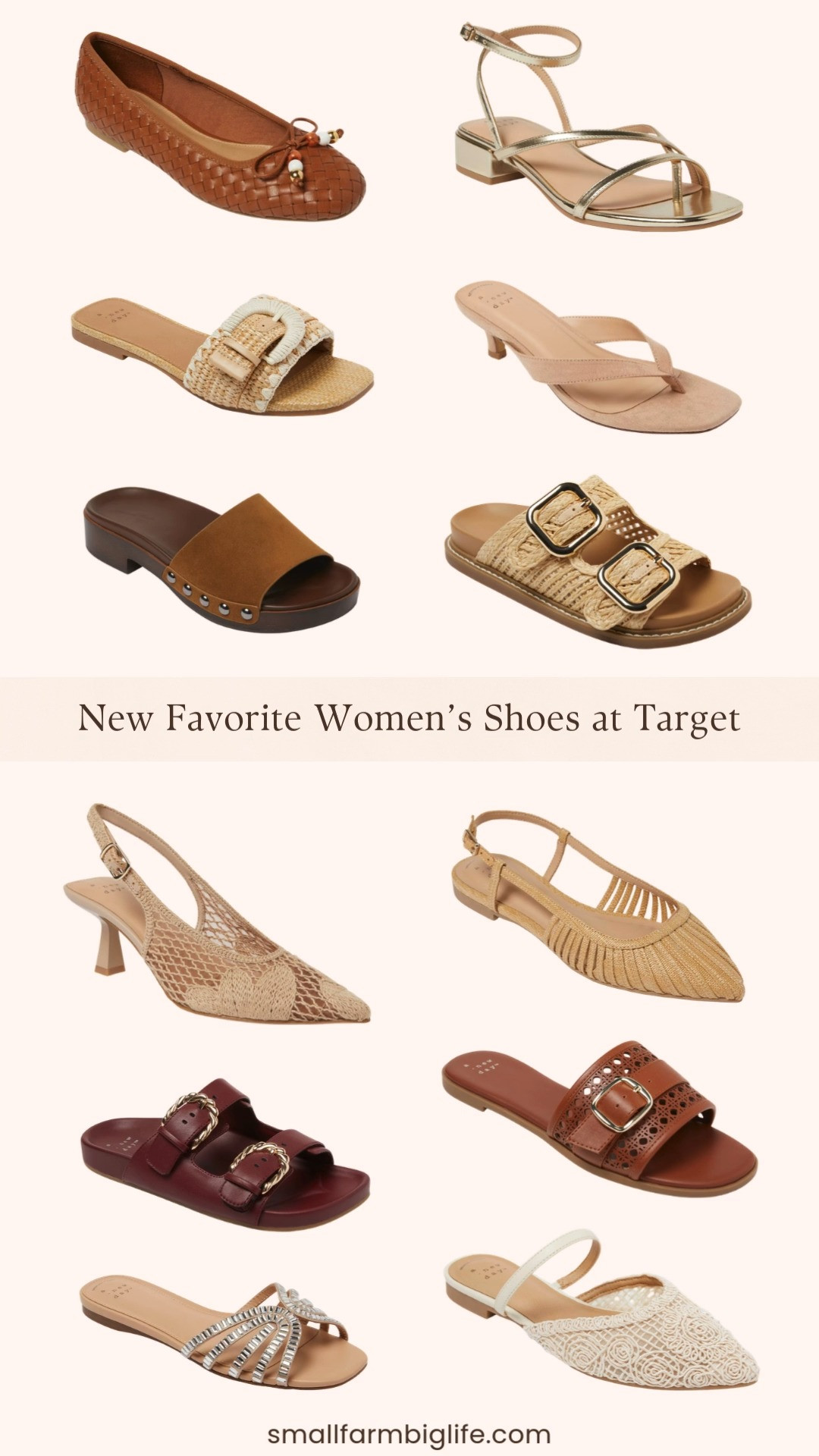 These new women’s shoes from Target are some of my favorite finds lately. I’m loving the woven textures, from the cream woven pointed toe flats and cognac woven ballet flats to the tan woven heels and buckle slide sandals. There are also easy everyday styles like brown slide flats, double strap sandals, kitten heels, and simple slides. They are perfect shoes to wear with spring and summer outfits. 

 #LTKootd #LTKOver40