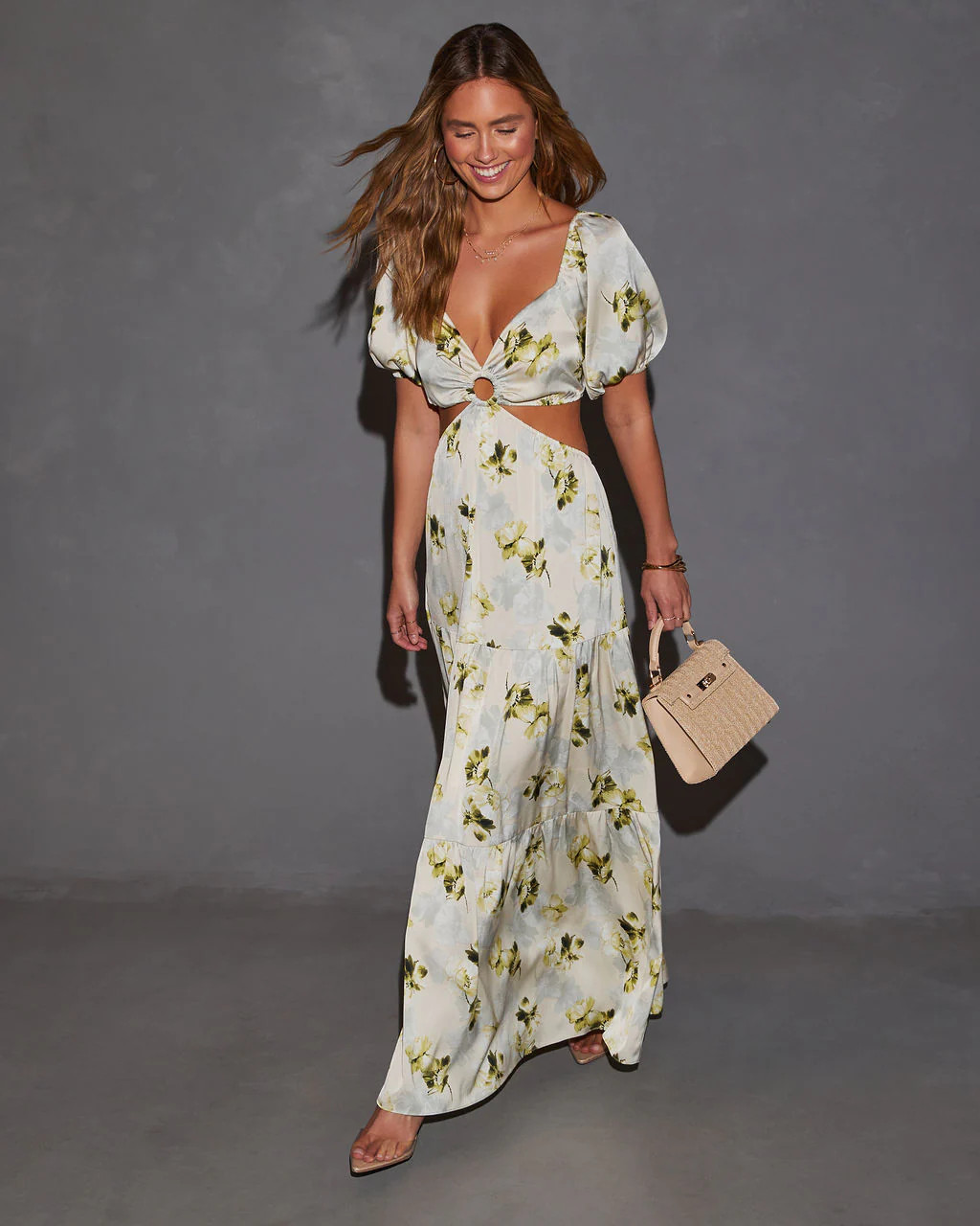 Cambria Satin Floral Puff Sleeve Maxi Dress | VICI