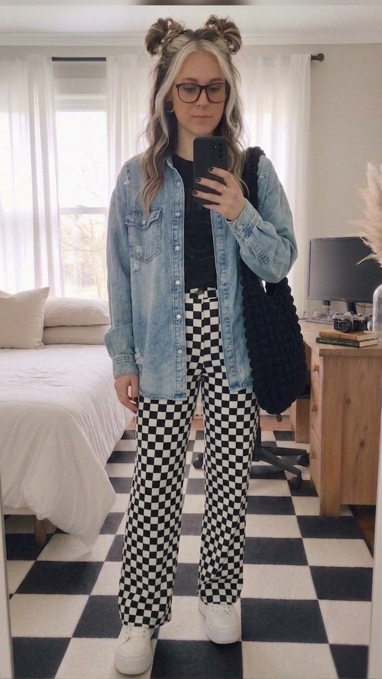 Checking into the weekend with this effortless street-style look! There is nothing better than a pair of statement checkerboard pants to elevate your casual rotation. I’ve styled these wide-leg trousers with a classic oversized denim shirt and my favorite platform sneakers for that perfect balance of "alt-chic" and comfort.

This outfit is a total mood for coffee dates, campus days, or just lounging in style.

#LTKSeasonal #LTKootd #LTKMidsize
