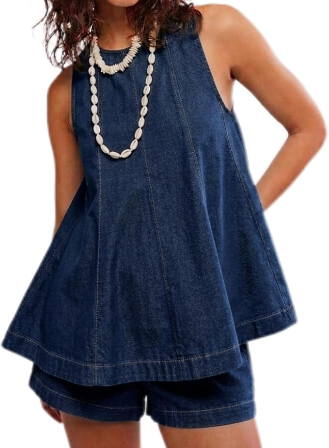 MAKABO Womens Two Piece Short Denim Sets Summer Round Neck Jean Shorts Matching Set with Pockets ... | Amazon (US)