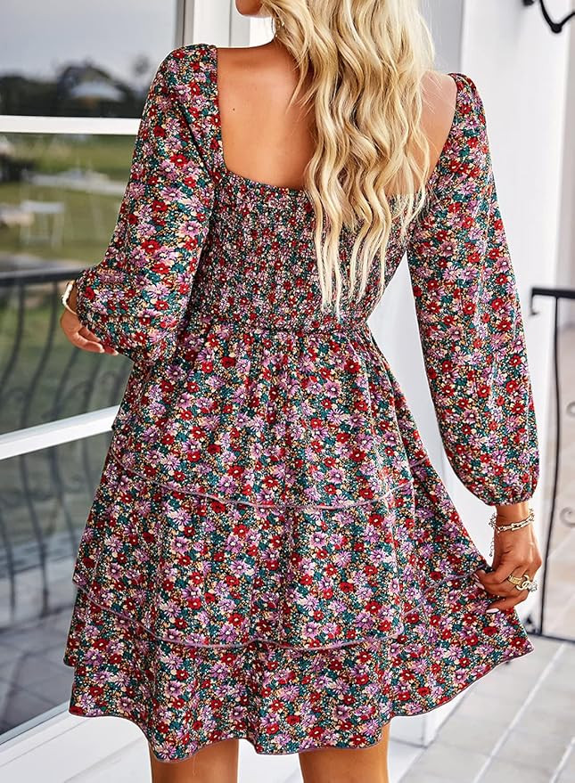 BTFBM Women Square Neck Smocked Dresses 2024 Summer Fall Long Sleeve Floral Swiss Dot Ruffle Part... | Amazon (US)