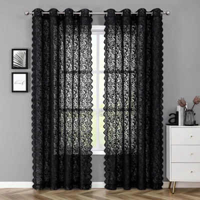 Black Sheer Lace Curtains 84 Inch Vintage Floral Sheer Window Curtain Panels Light Filtering Drapes Window Treatment Sets Grommet Top 2 Panels 54" Wx8 | Wayfair North America