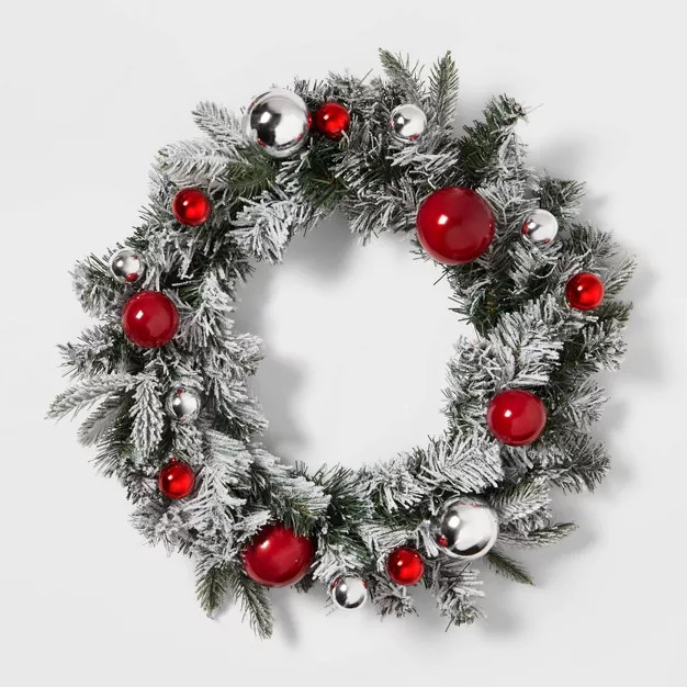 22" Flocked Greenery Artificial Wreath with Shatter-Resistant Baubles Red/Silver - Wondershop... | Target