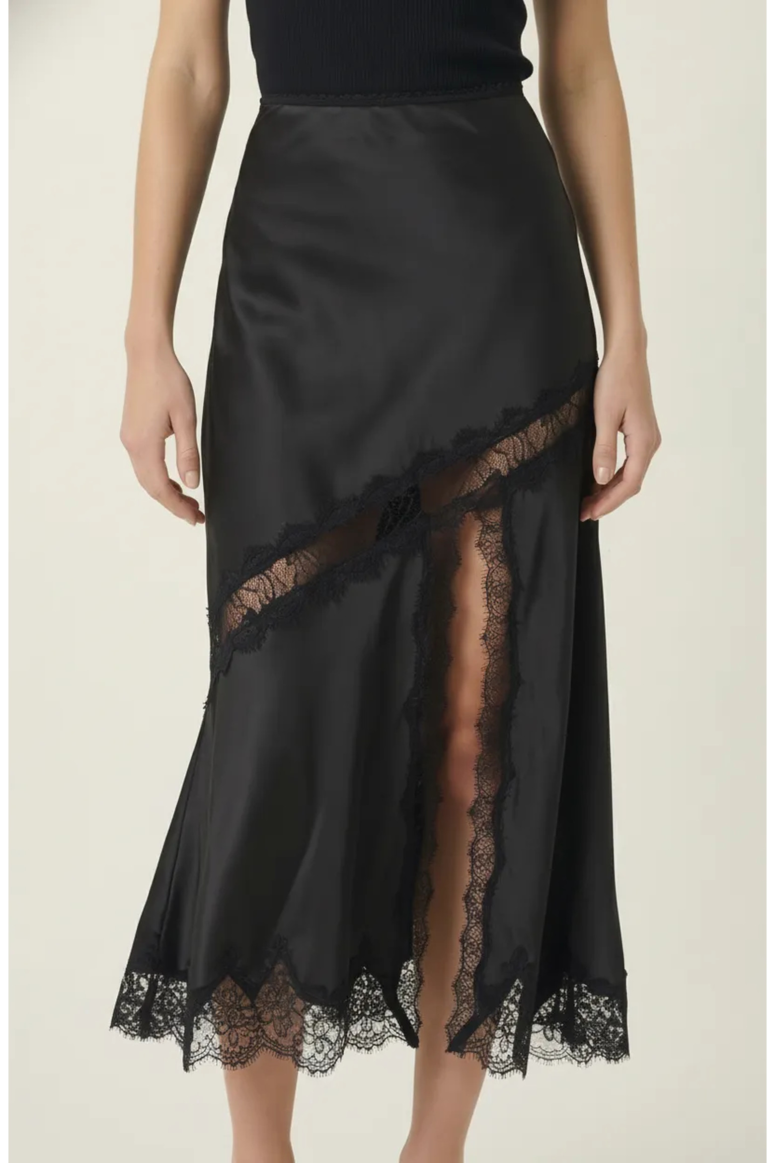 Lace Trim Asymmetric Satin Midi Skirt with Contrast Panel (Women) | Nordstrom | Nordstrom