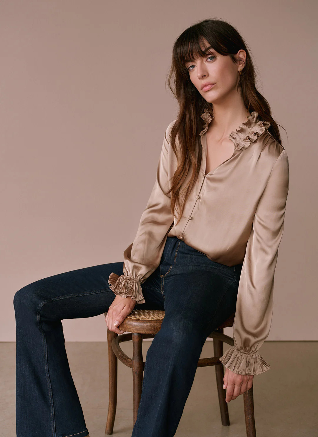 Gold Ruffle Detail Satin Blouse | Mint Velvet