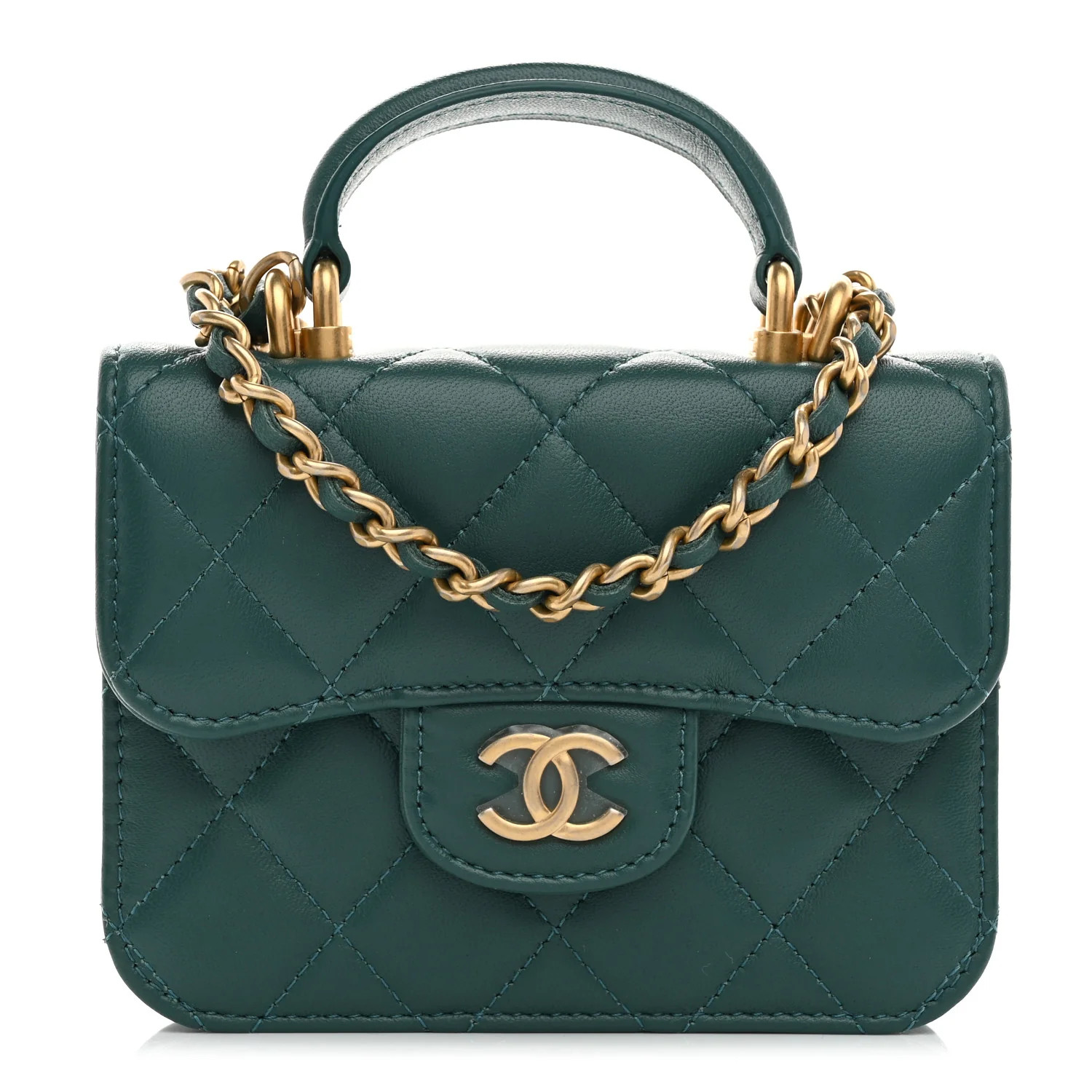 Lambskin Quilted Top Handle Flap Coin Purse With Chain Green | FASHIONPHILE (US)