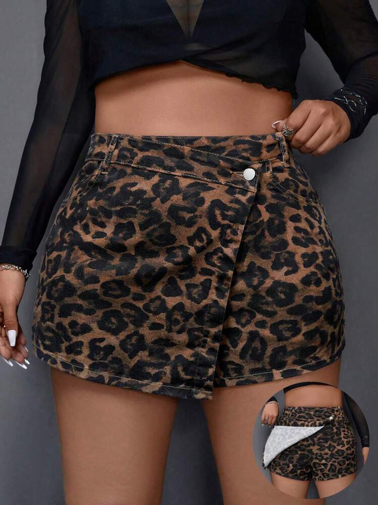 SHEIN ICON Plus Size Denim Skirt Y2K Sexy Leopard Print Skirt Pants Leopard Costume Yellow Mini S... | SHEIN
