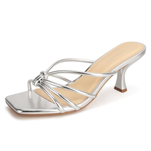 LOOPCHARM Women's Strappy Square Open Toe Kitten Heels Sandals Knotted Design Summer Fashion Slip On Mule Style,SILVER PU,10 | Amazon (US)