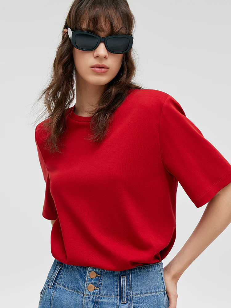 Round Neck Women T-Shirt With Shoulder Pads | GOELIA
