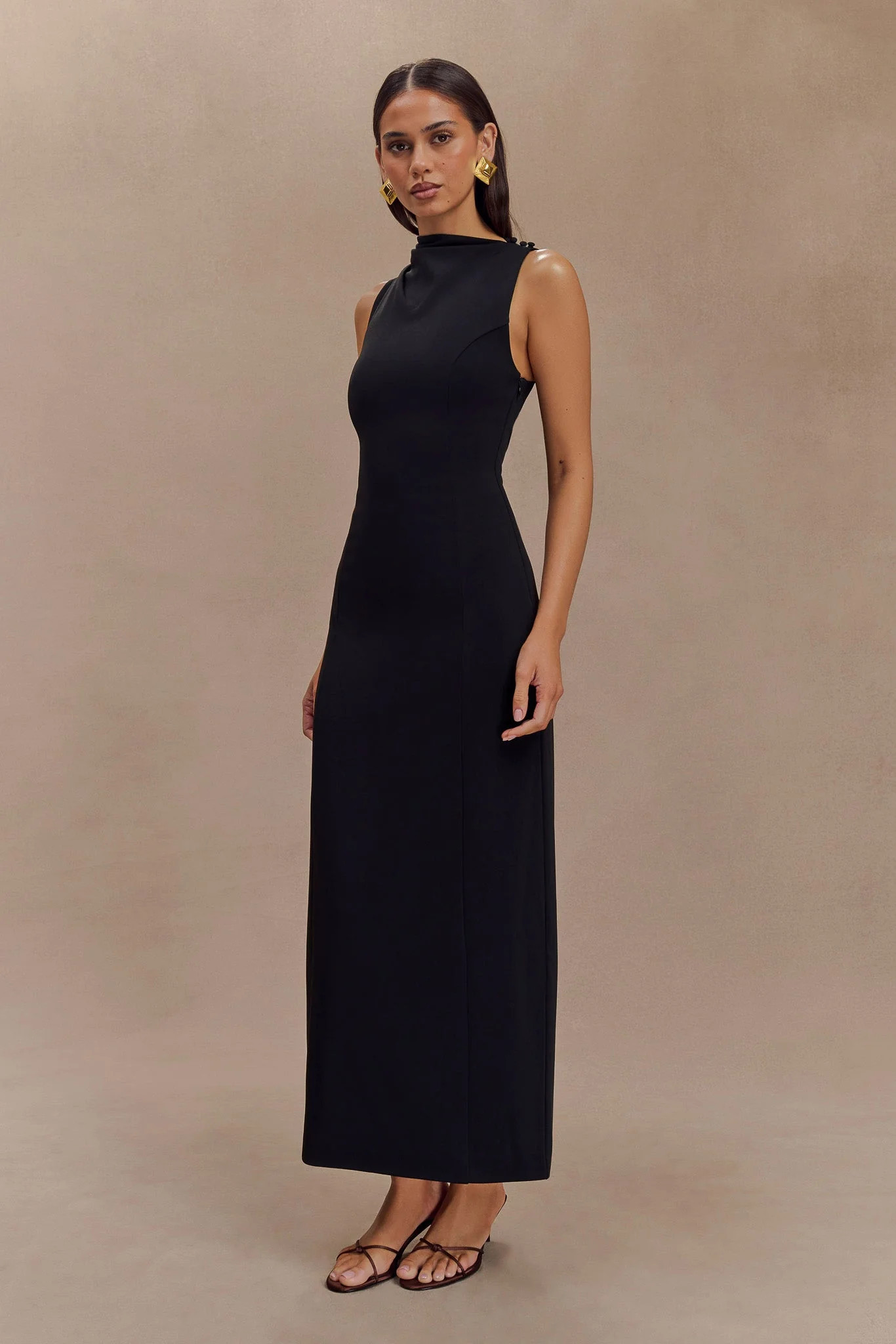 Taylor Draped Stretch Crepe Midi Dress - Black | MESHKI US