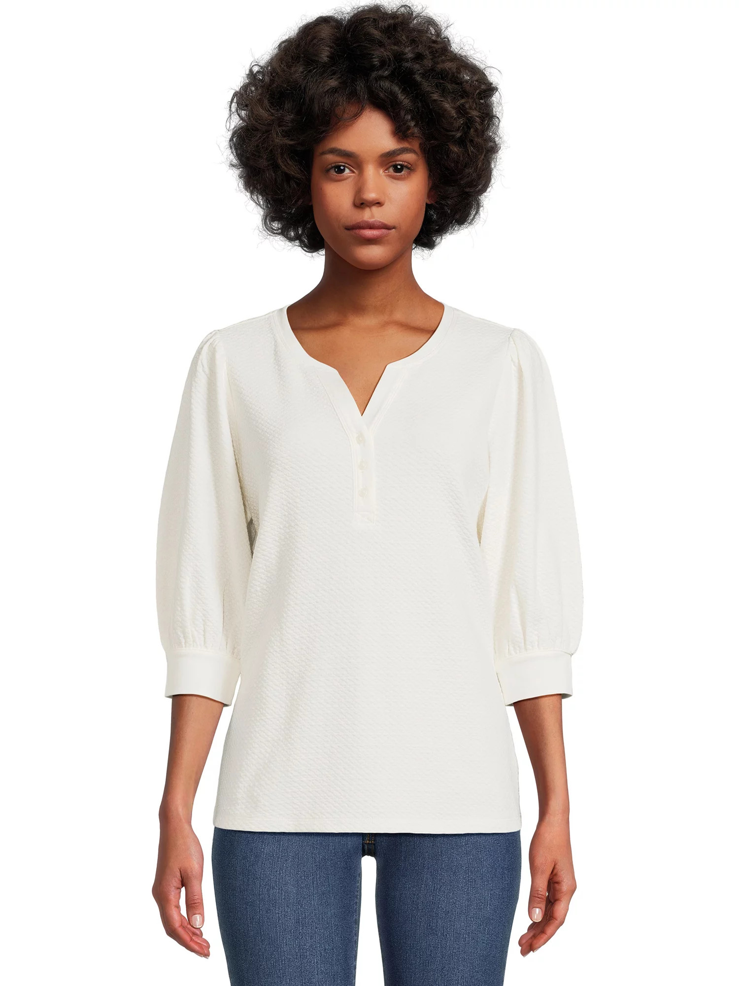 Time and Tru Women's Quilted Top with ¾-Length Puff Sleeves, Sizes XS-XXXL | Walmart (US)