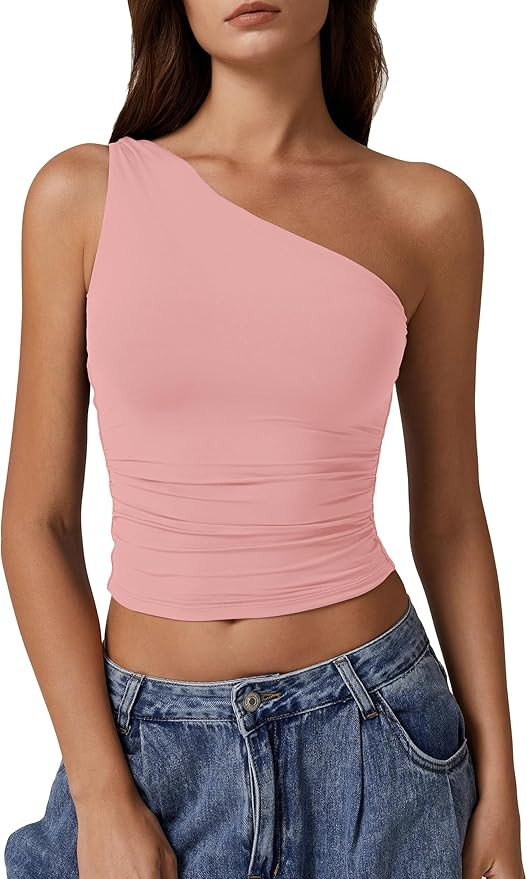 QINSEN Women's One Shoulder Tank Tops Double Lined Sleeveless Slim Fit Cropped Tee Shirt Y2k Tops | Amazon (US)