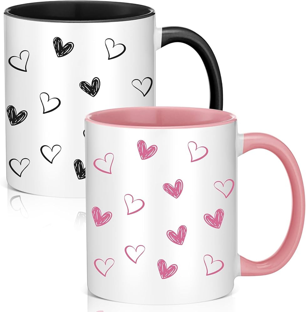 Baderke 2 Pcs Valentine's Day Heart Coffee Mugs, 12 oz Black and Pink Heart Coffee Mugs Gifts Cou... | Amazon (US)
