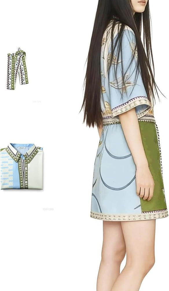 Women's Vintage Printed Lapel Shirt Dress Short Sleeve Casual Loose Button Front Waist Belt Dress | Amazon (US)