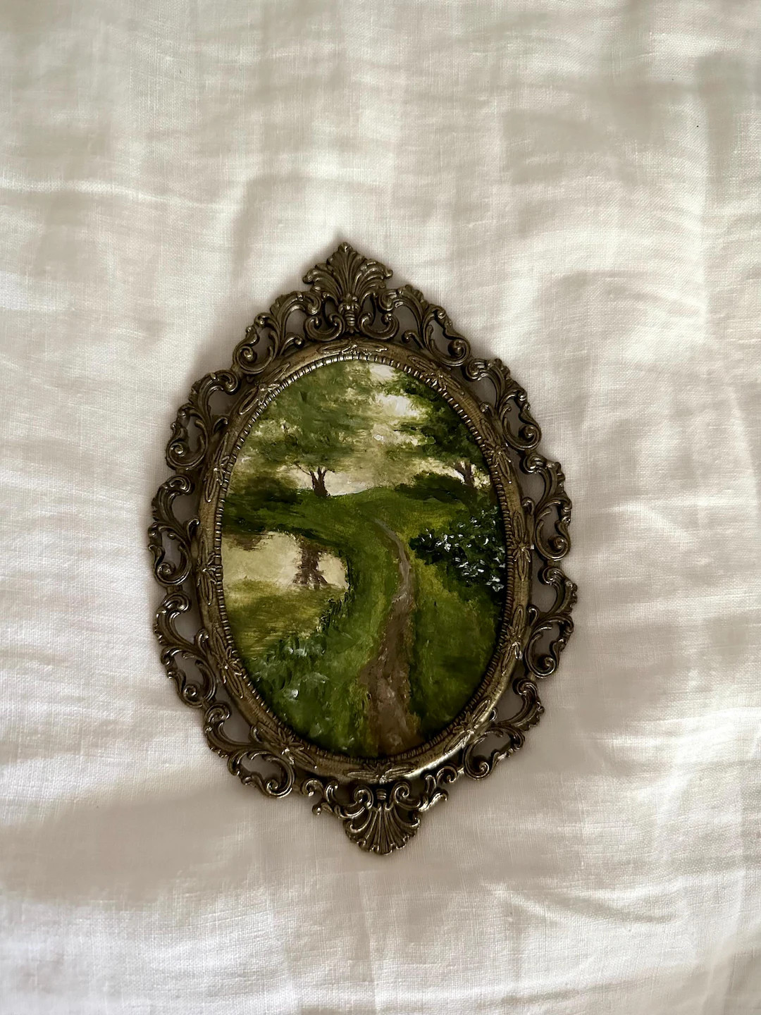 Original mini oval oil painting in antique brass frame, landscape painting, vintage art, nursery ... | Etsy (US)