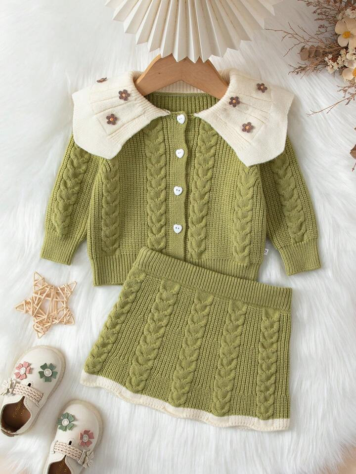 Baby Girl Floral Embroidery Sailor Collar Cable Knit Cardigan & Knit Skirt | SHEIN