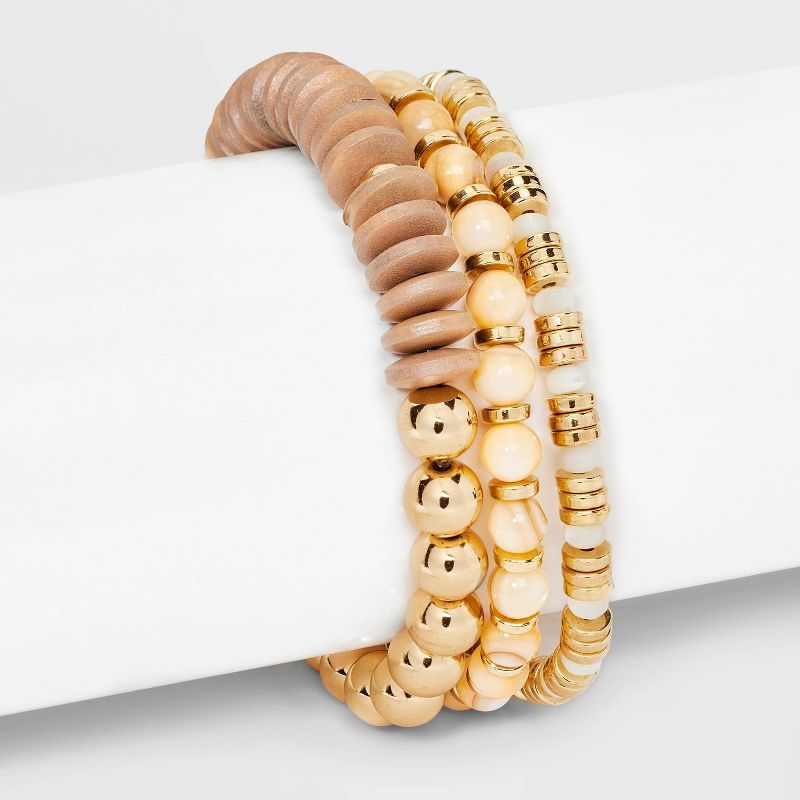 Beaded Mother Of Pearl Stretch Bracelets Set 3pc - A New Day™ Neutral Gold | Target