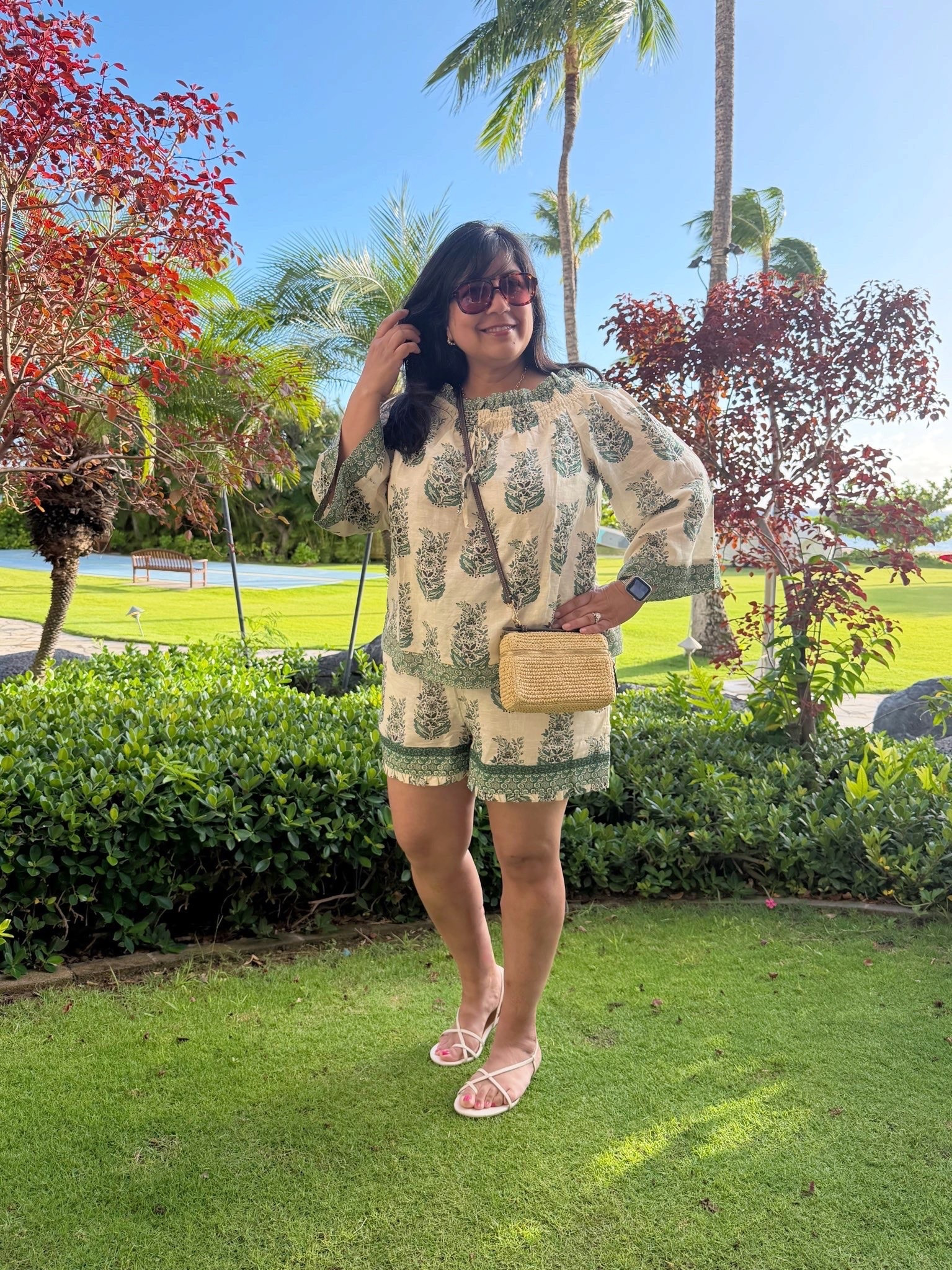 Summer outfit for a beach vacation! Love this beautiful block print design and this lightweight airy top and shorys that are perfect for a hot summer day. So comfortable and such a cute summer matching set! 

Tuckernuck top and shorts size large. Madewell strappy sandals true to size. Madewell sunglasses. Tory Burch raffia crossbody bag.

Summer outfits, midsize petite outfit, summer vacation outfits beach, beach vacation outfits, what to wear in Maui Hawaii

#LTKOver40 #LTKMidsize #LTKPetite