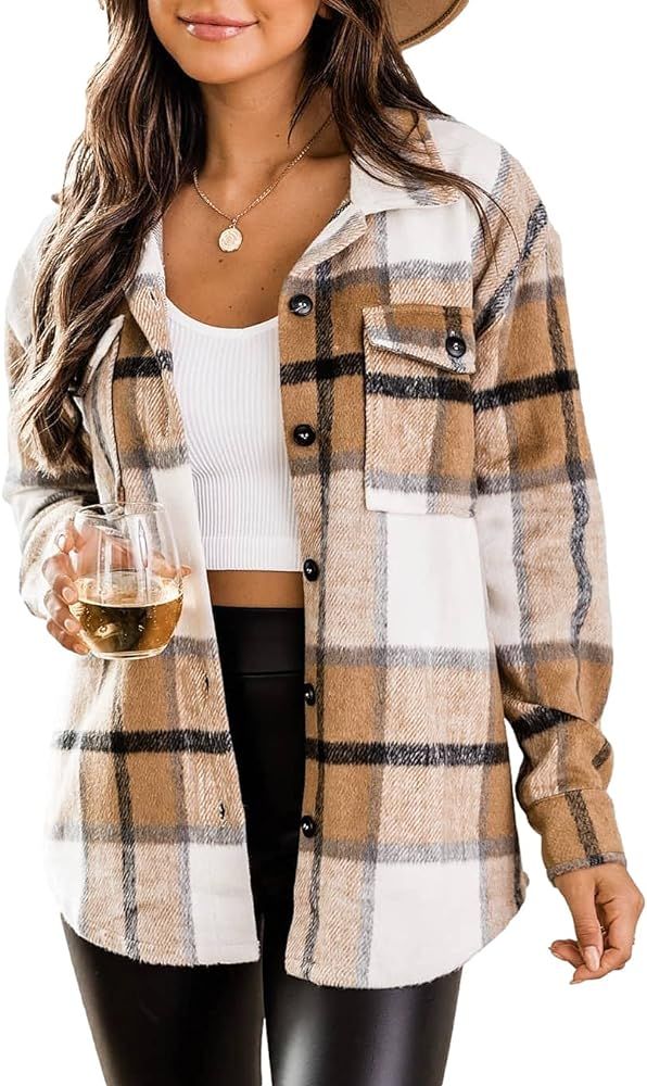 Veatzaer Womens Casual Plaid Shacket Wool Blend Button Down Long Sleeve Shirt Jacket with Pocket | Amazon (US)