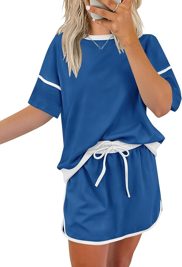 Rapbin Women's 2 Piece Sets Summer Casual Short Sleeve Tops Matching Drawstring Mini Skirt Going ... | Amazon (US)