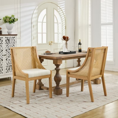 Rattan Dining Chairs Single Armchair with Rubberwood Frame, Cane Upholstered Side Chairs,Beige - ModernLuxe | Target