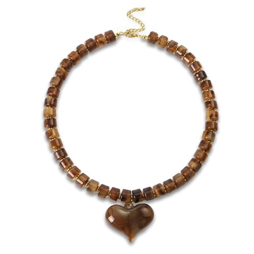 Hclian Brown Acrylic Puff Heart Pendant Necklace for Women Exaggerated Statement Chunky Resin Beaded Strand Necklace Fashion Jewelry Gift | Amazon (US)