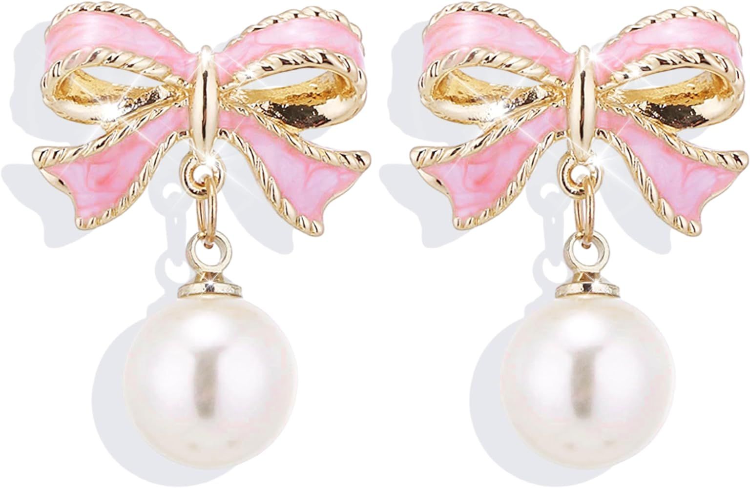 Gold Pearl Bow Earrings For Women Trendy Pink Coquette Drop Stud Ribbon Silver Earrings Dangle Je... | Amazon (US)