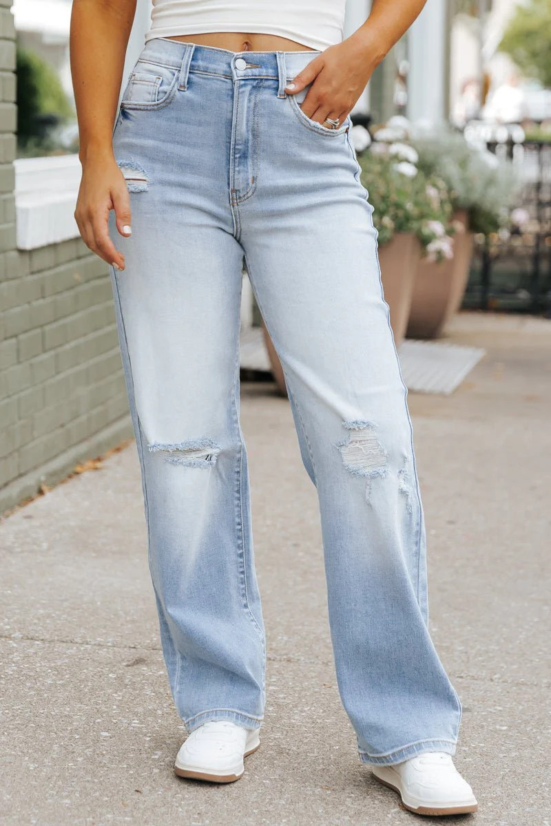 Light Wash Super High Rise Distressed Dad Jeans | Magnolia Boutique