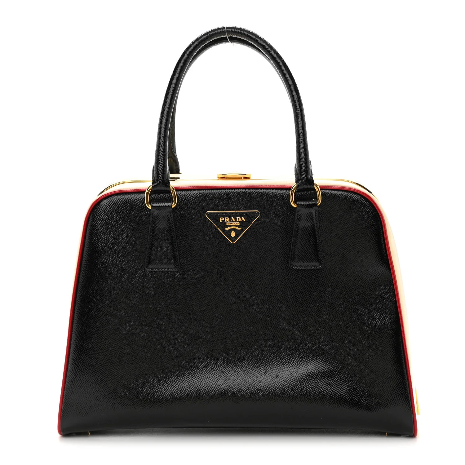 PRADA Saffiano Vernice Pyramid Bag Black White Rosso | FASHIONPHILE (US)