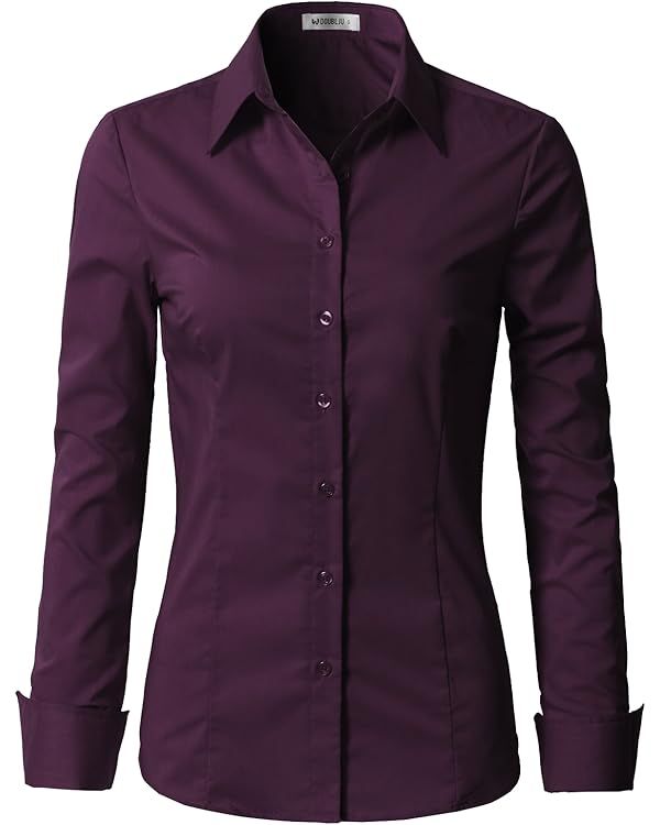 DOUBLJU Womens Basic Slim Fit y Cotton Button Down Shirts with Plus Size | Amazon (US)