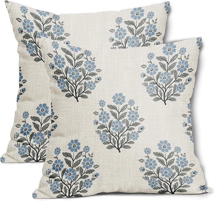 Grandmillennial Pillow Covers 16x16 Inch Set of 2 Blue Floral Block Print Cotton Linen Decorative... | Amazon (US)