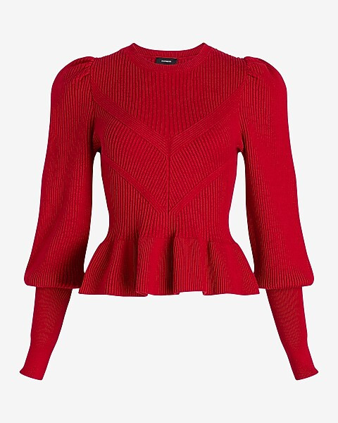 Ribbed Crew Neck Puff Sleeve Peplum Sweater | Express