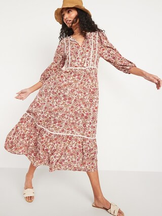 Floral-Print 3/4-Sleeve Tie-Neck Maxi Swing Dress for Women | Old Navy (US)