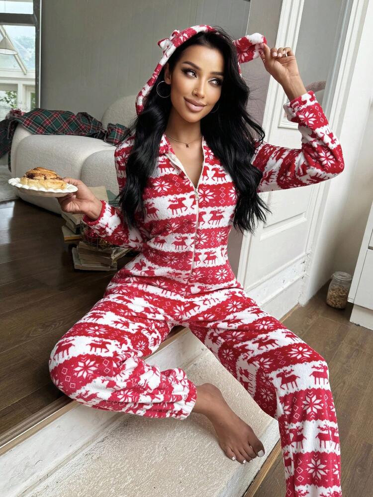 SHEIN ZzzCrew Women's Flannel Christmas Deer Print Cute Hooded Fluffy Jumpsuit | SHEIN