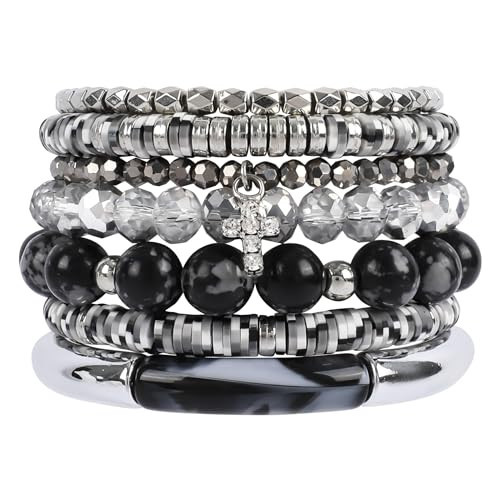 Bohemian Black Beaded Bracelets for Women with Cross Charm 7Pcs Stackable Snowflake Stone Beads Stretch Bracelets Boho Multilayered Acrylic Tube Glass Beads Bracelet Set Jewelry Gift for WomenMen | Amazon (US)
